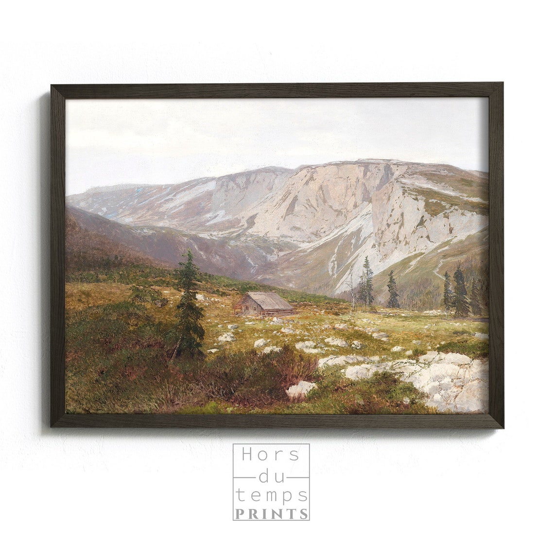 Alpine Mountain Valley Wooden Hut Meadow Craggy Peaks Vintage Poster - Image 2