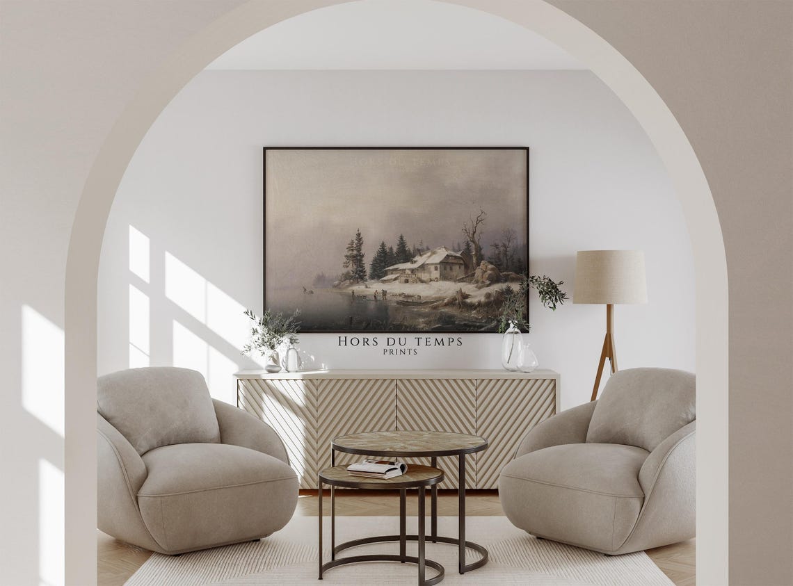 Lakeside Cottage by a Frozen Lake with Winter Figures Vintage Poster - Image 2