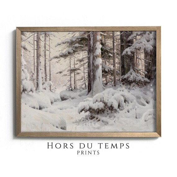 Moody Snowy Forest Landscape Painting Muted Winter Tones Rustic Country Christmas Vintage Art Hors Du Temps Prints