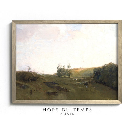 Green Tonal Meadow Landscape Painting Vintage Rustic Cottage Farmhouse Art Hors Du Temps Prints