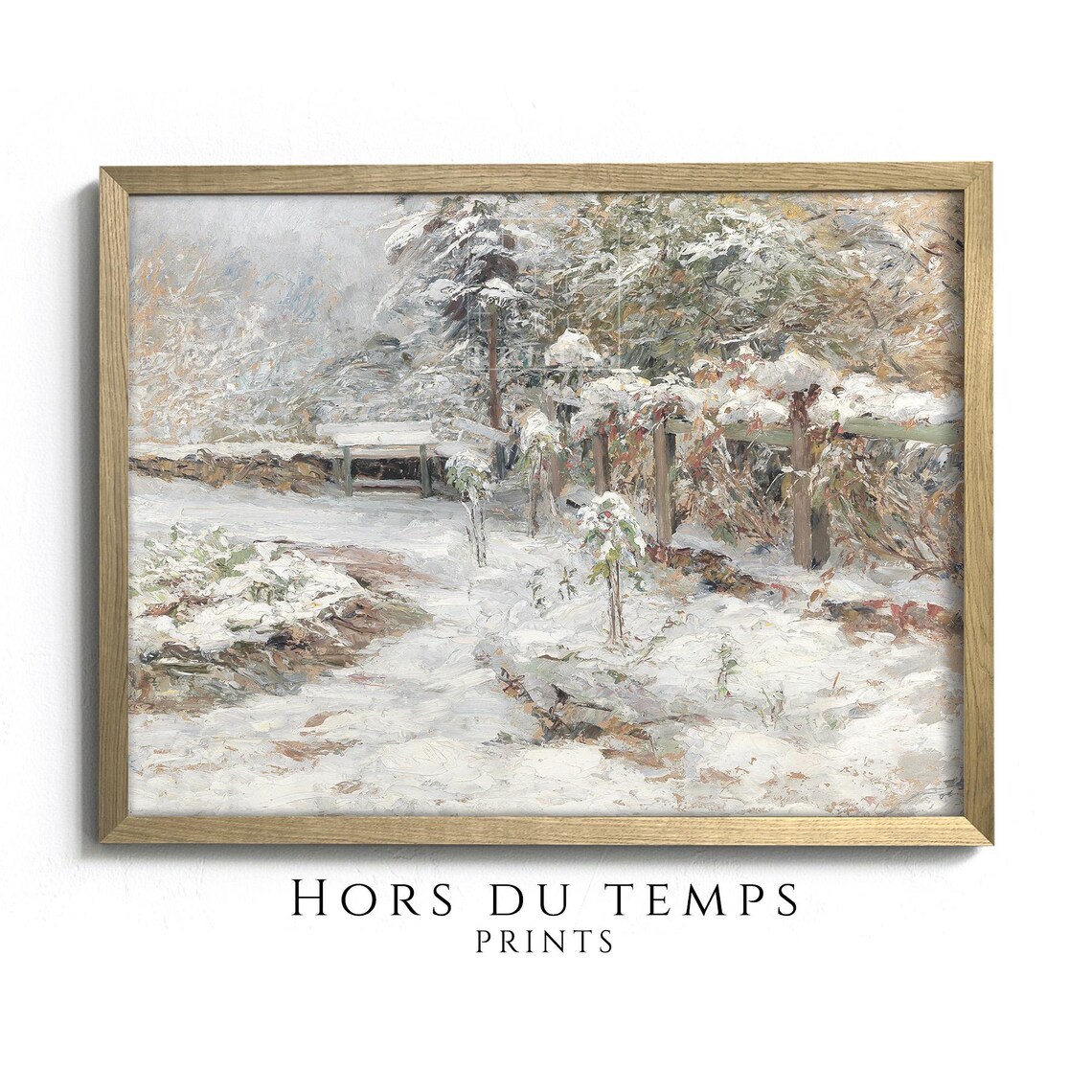 Snowy Winter Garden Bench Fence Cottage Muted Vintage Oil Painting Poster