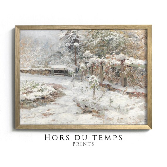Snowy Winter Garden Bench Fence Cottage Muted Vintage Oil Painting Poster