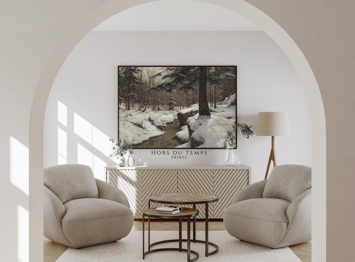 Snowy Forest Stream with Rocks and Tall Pines Winter Vintage Poster - Image 2