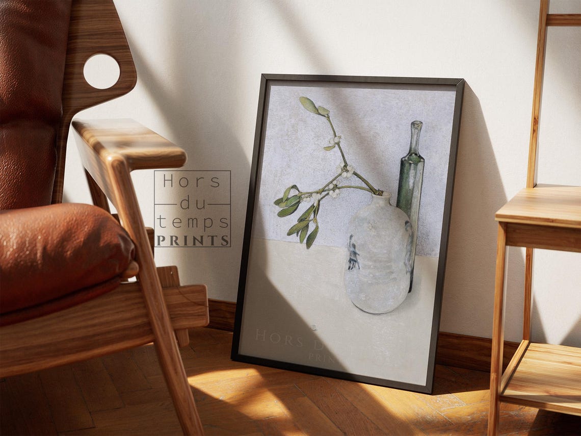 Mistletoe Still Life White Jug Green Bottle Vintage Holiday Art Poster - Image 2