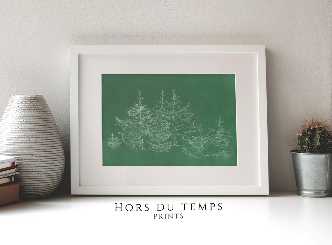 White Line Pine Sketch Deep Green Minimal Christmas Tree Art Poster - Image 2