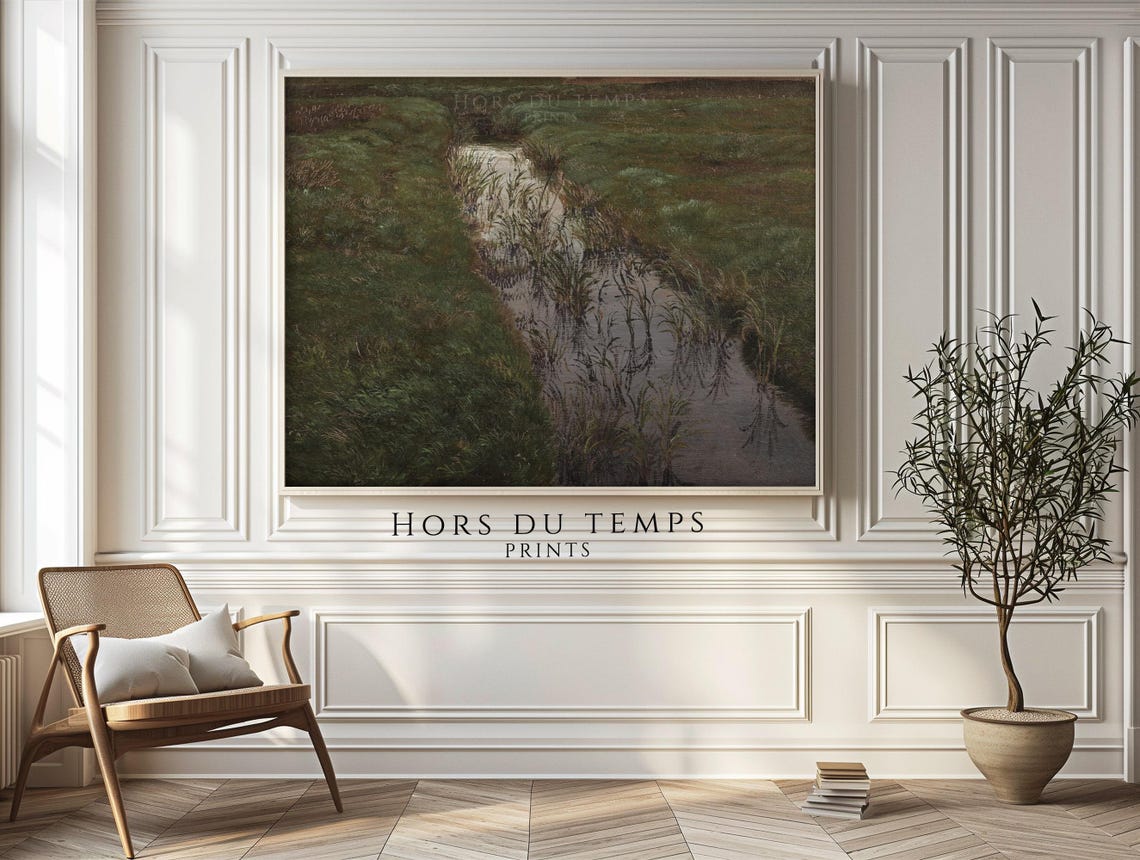 Vintage Green Marsh Winding Creek Reeds Tonal Landscape Poster - Image 2