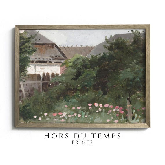 Muted Green Tones Garden Painting Village Farmhouse Vintage Art Hors Du Temps Prints