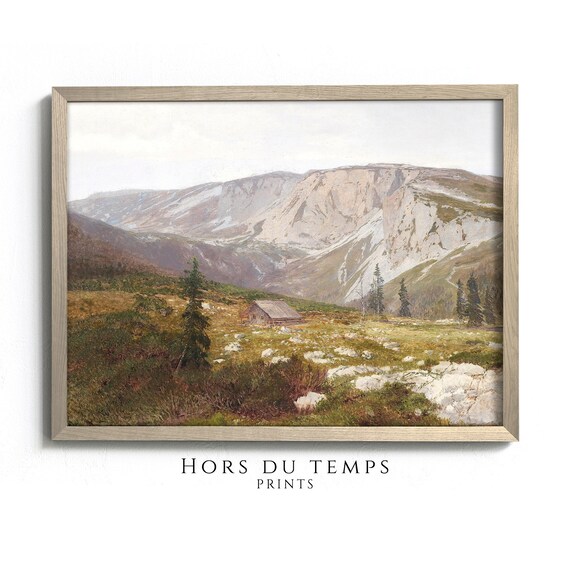 Vintage Moody Cabin Art Mountain Hills Landscape Oil Painting Hors Du Temps Prints