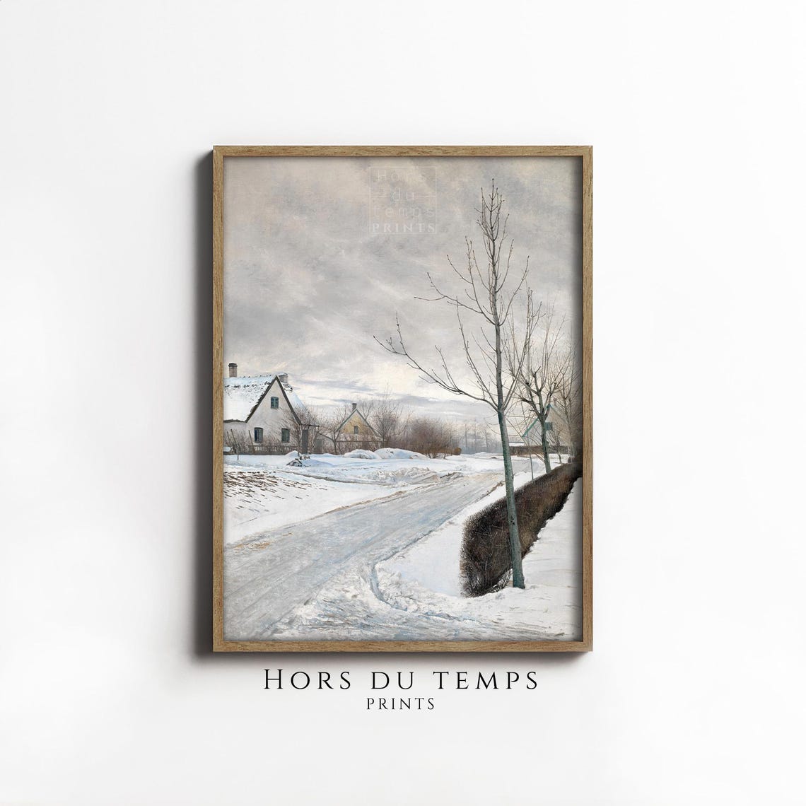 Snowy Country Road with Cottages Bare Trees Winter Painting Poster