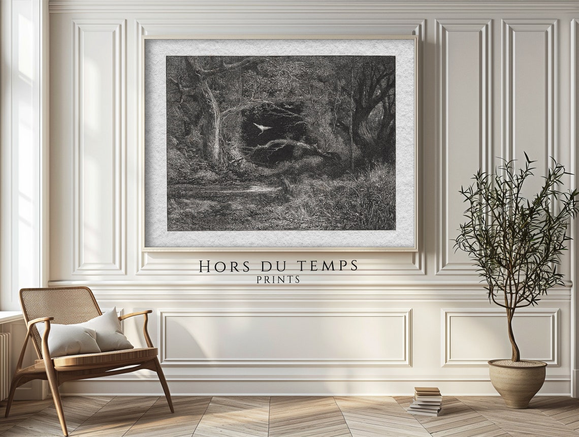 Dark Forest Engraving White Bird Flying Gothic Nature Poster - Image 2