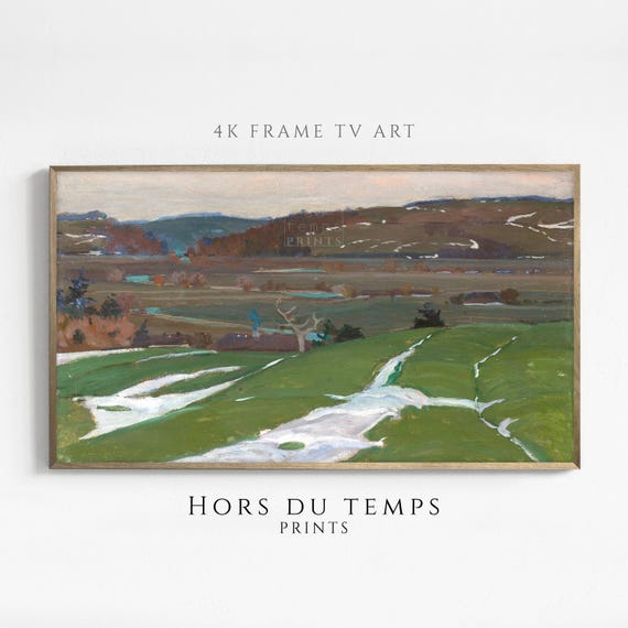 Snowy Field Landscape In Green Tones Art For Frame Tv Vintage Cottagecore Painting Hors Du Temps Prints