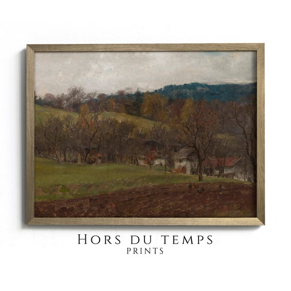 Vintage Moody Village Houses And Field Painting Muted Tones Rustic Farmhouse Art Hors Du Temps Prints