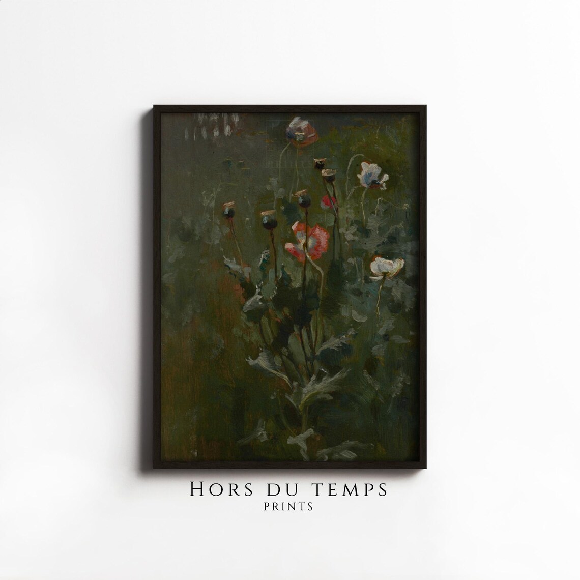 Moody Red Poppies Dark Green Vintage Floral Still Life Poster