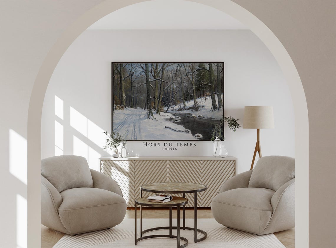 Snowy Beech Forest with Stream and Winding Lane Winter Poster - Image 2