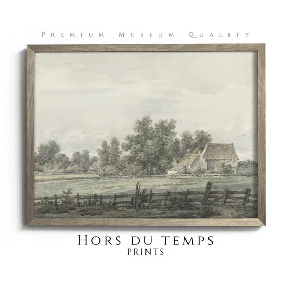 Muted Green Tones Countryside Landscape Village Rustic Vintage Painting Antique Farmhouse Room Decor Hors Du Temps Prints