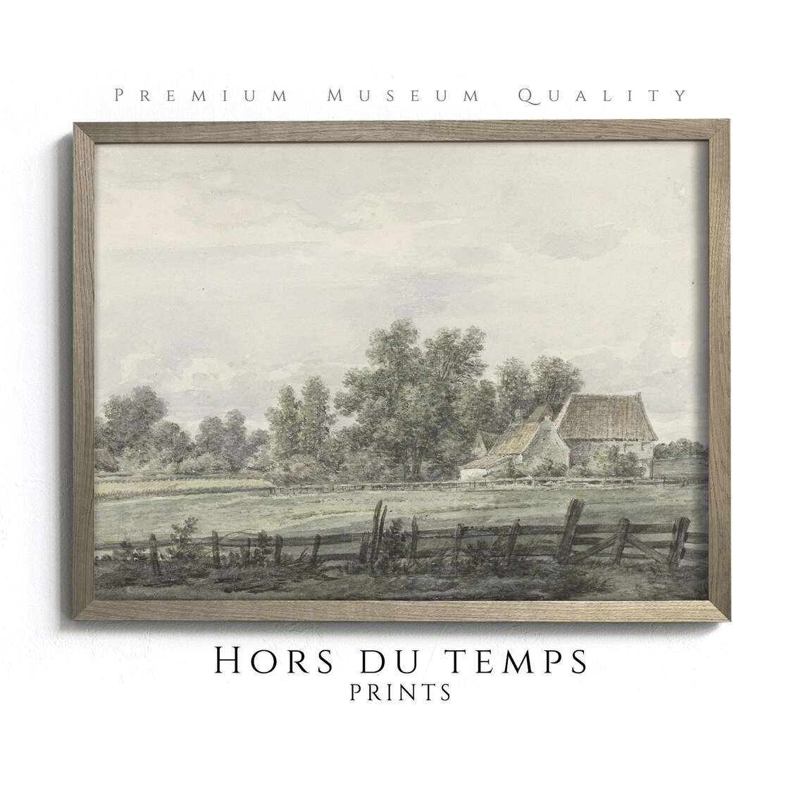 Thatched Farmhouse Behind Rustic Fence Vintage Country Sketch Poster