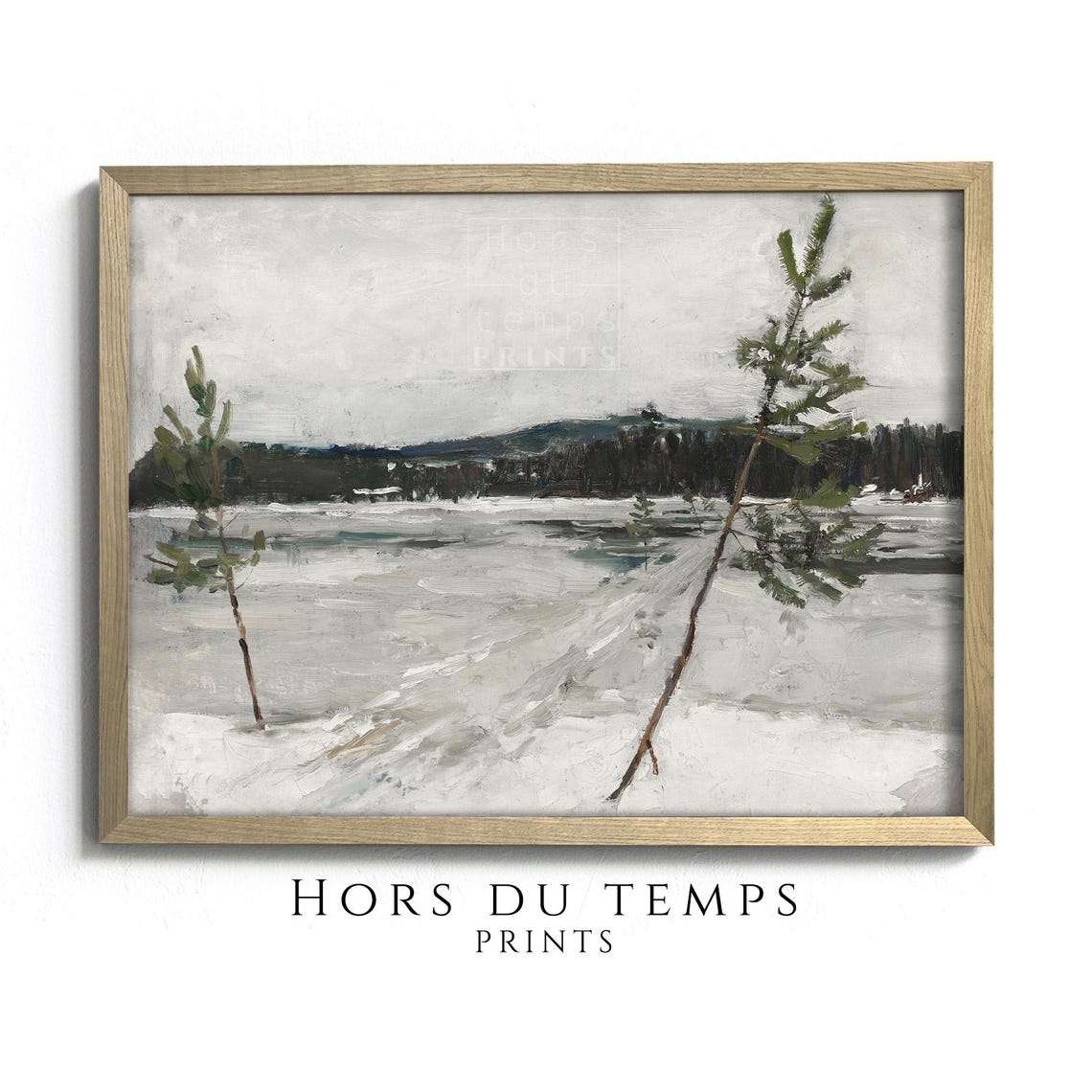 Winter Field Leaning Pines Frozen Lake Muted Snowy Meadow Oil Poster