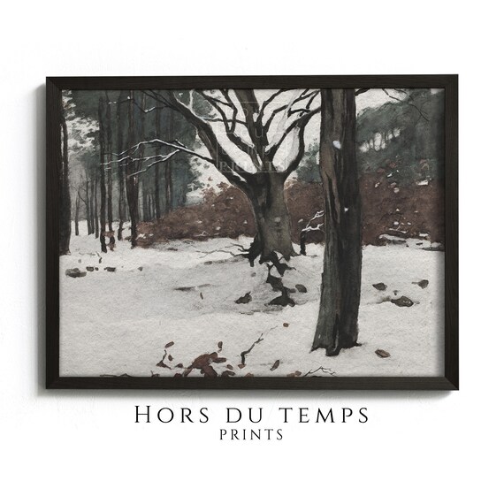 Moody Snowy Forest Landscape Painting Muted Winter Tones Rustic Country Christmas Vintage Art Hors Du Temps Prints