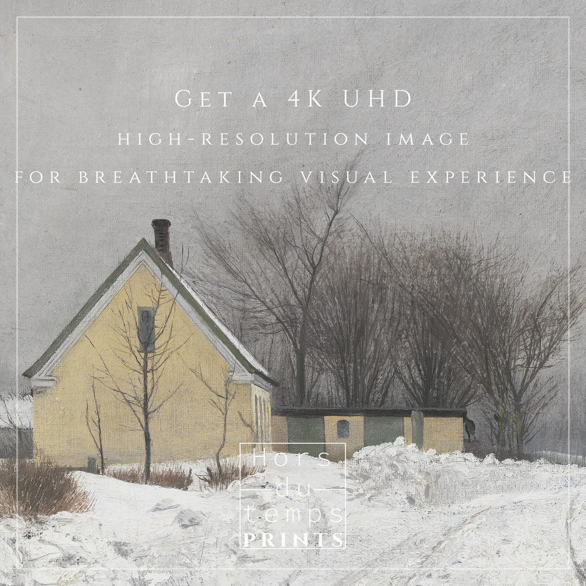 Yellow Farmhouse in Deep Snow Gray Sky Vintage Winter Painting Poster - Image 2