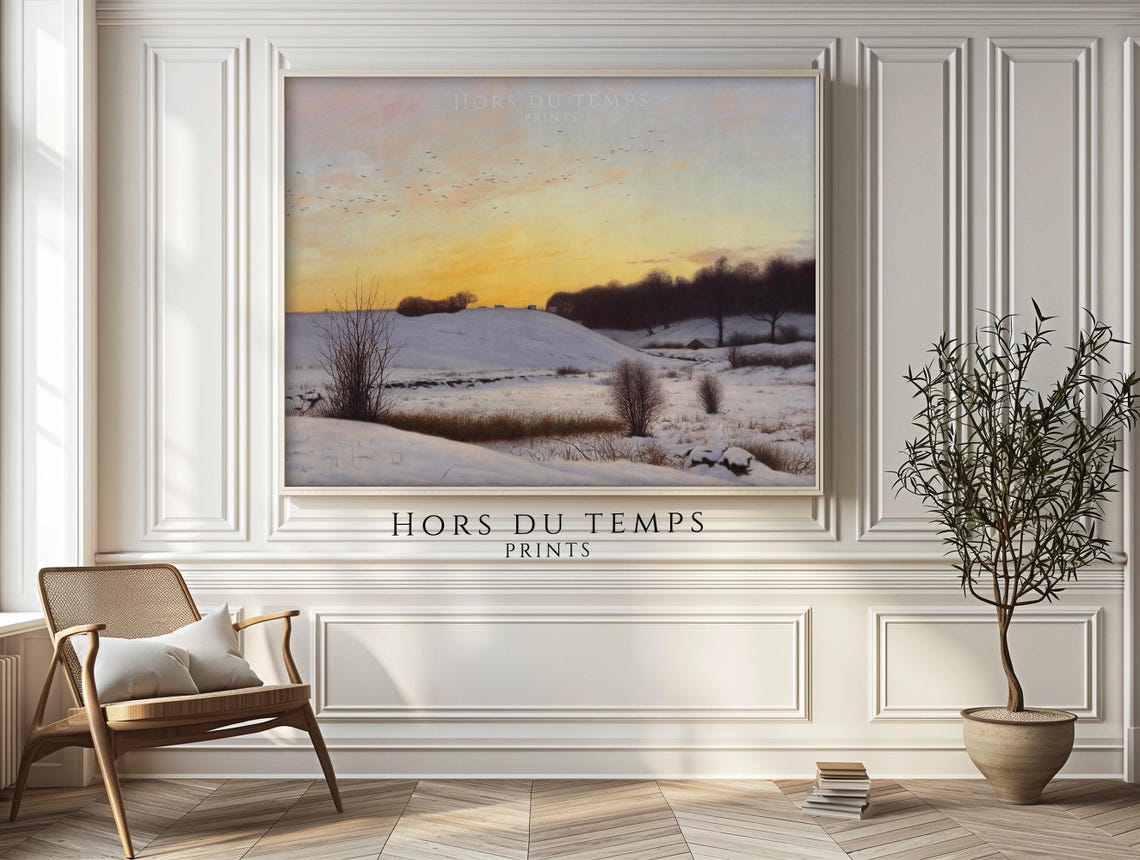 Golden Winter Sunset Over Snowy Fields with Flying Birds Poster - Image 2