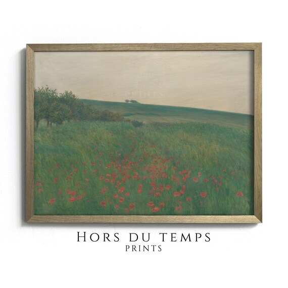 Vintage Red Poppies Green Hillside Wildflower Meadow Painting Poster