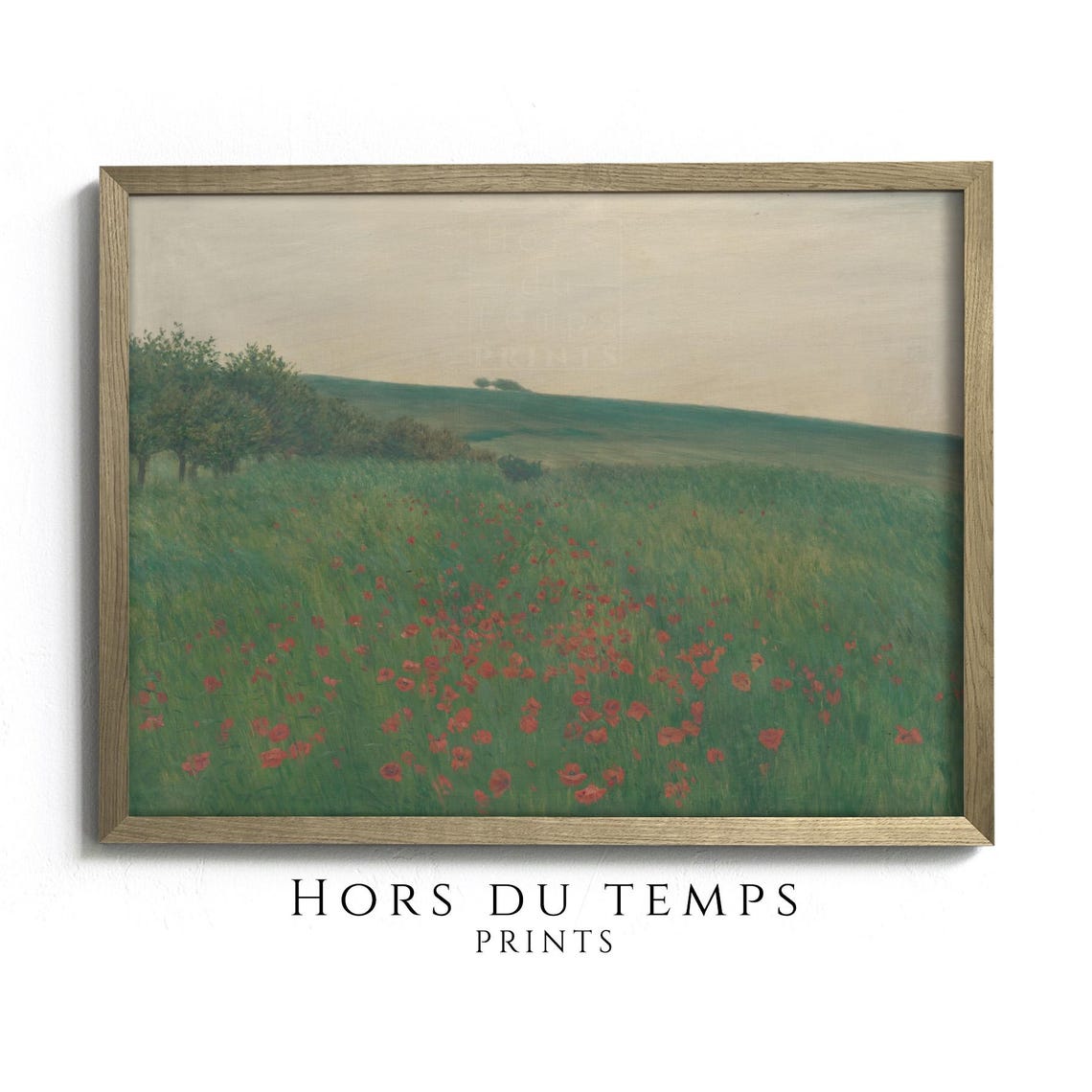 Vintage Red Poppies Green Hillside Wildflower Meadow Painting Poster