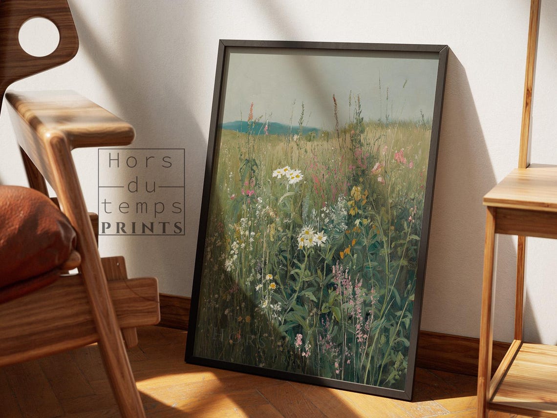 Sunlit Wildflower Meadow Daisies Tall Grass Soft Green Painting Poster - Image 2