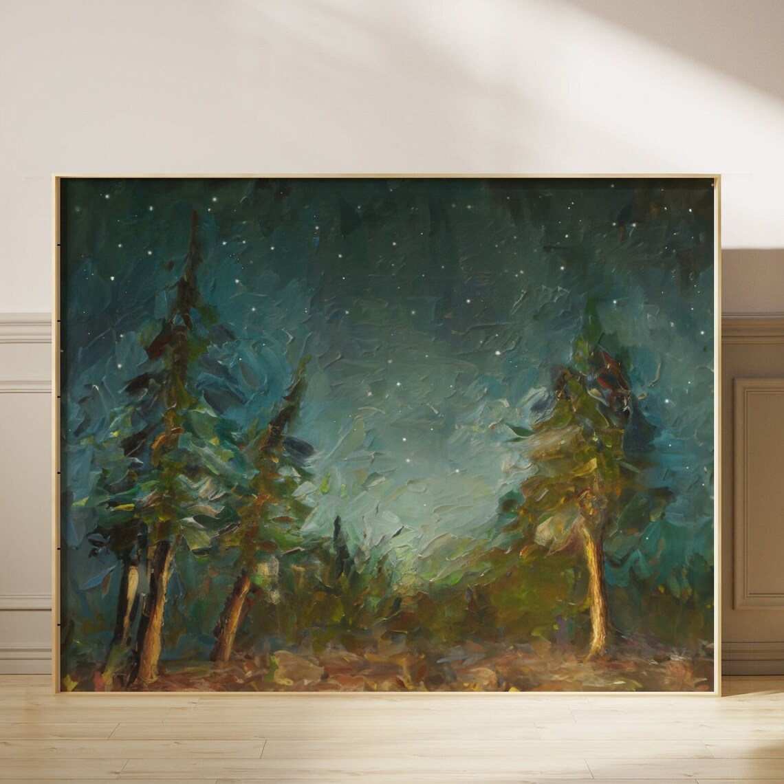 Night Sky Pine Trees and Stars Art Print