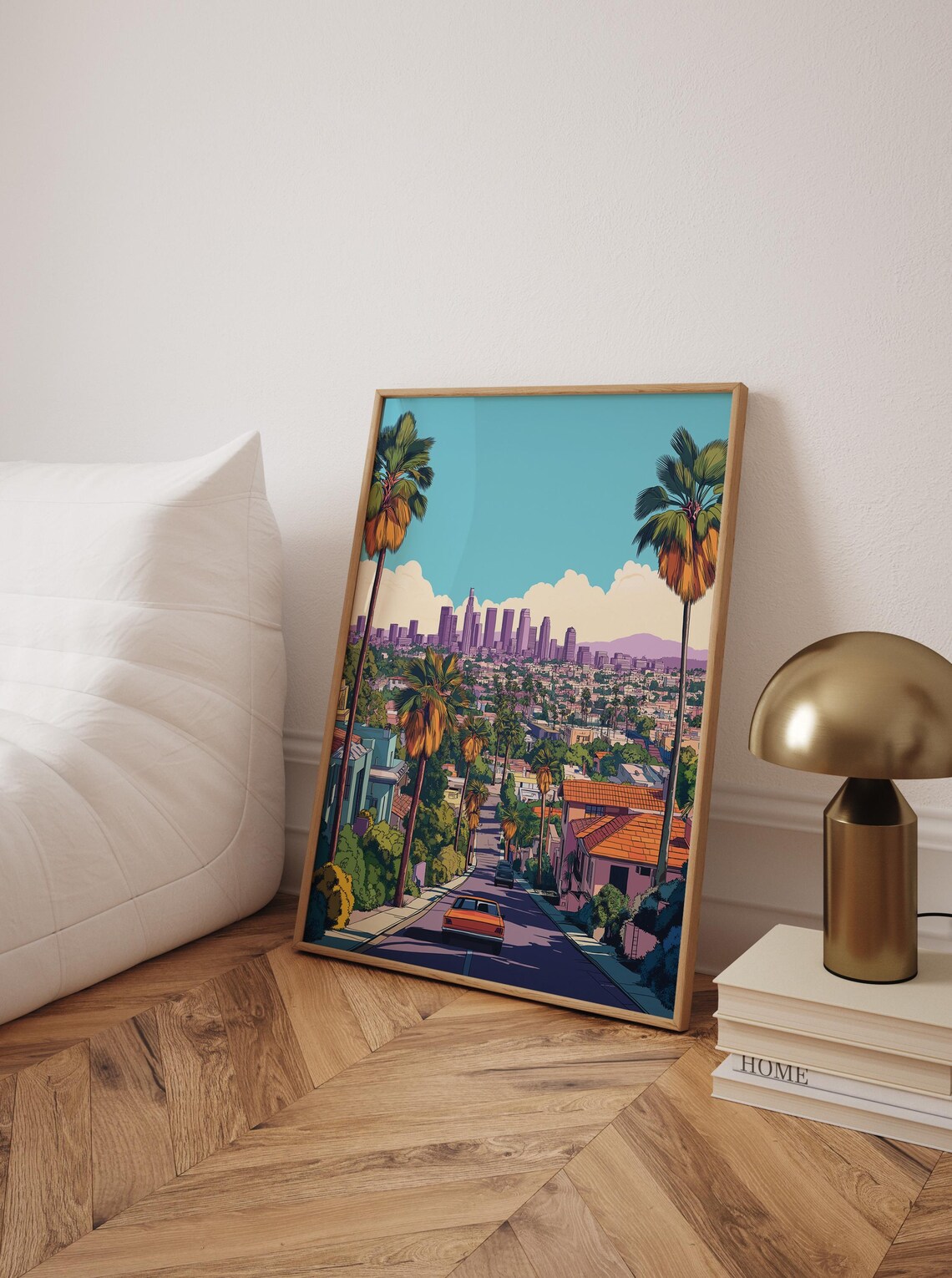 Los Angeles Street Scene Travel Print With Palm Trees And City Skyline