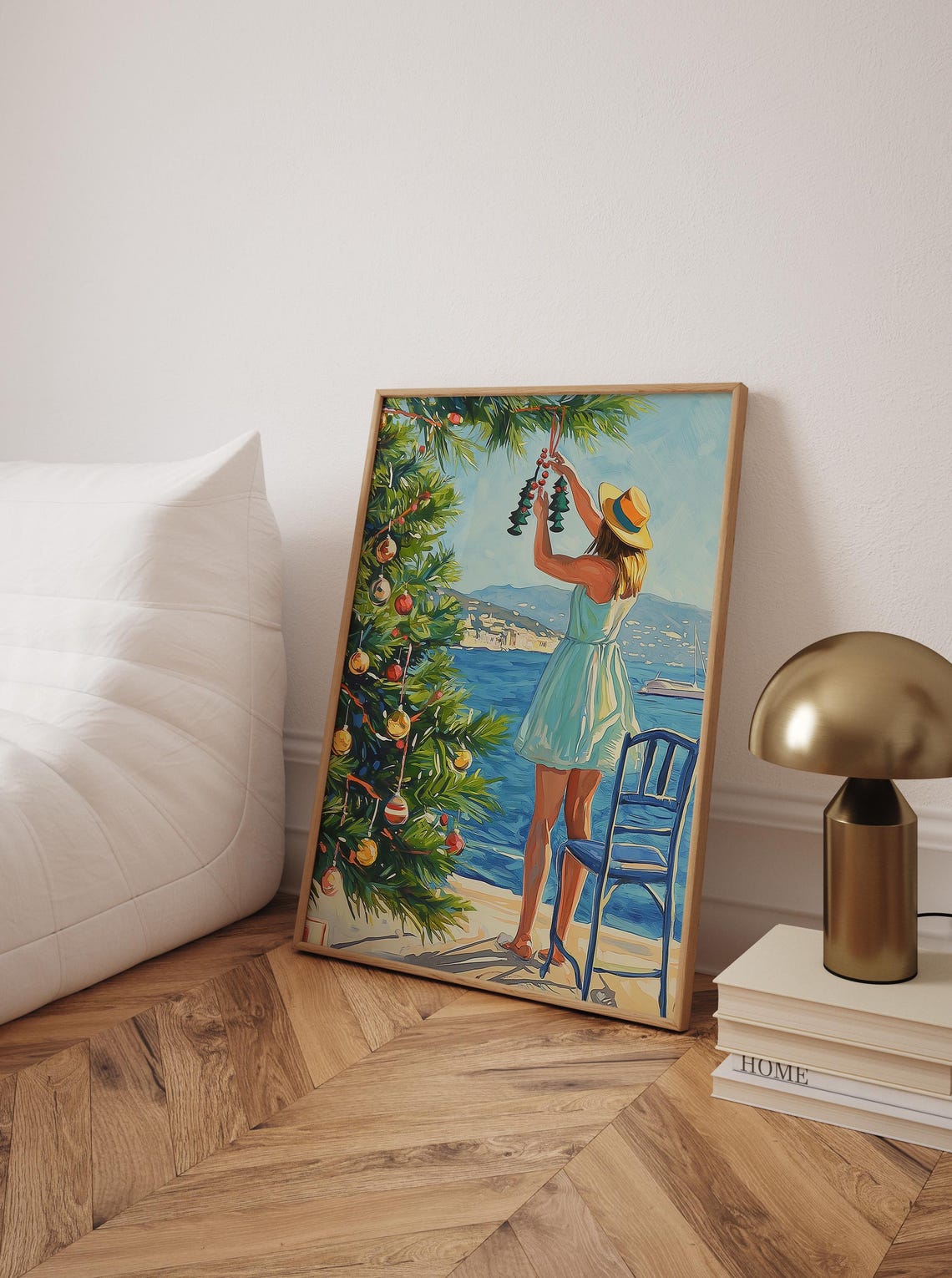 Woman Decorating Christmas Tree by the Sea Holiday Art Poster