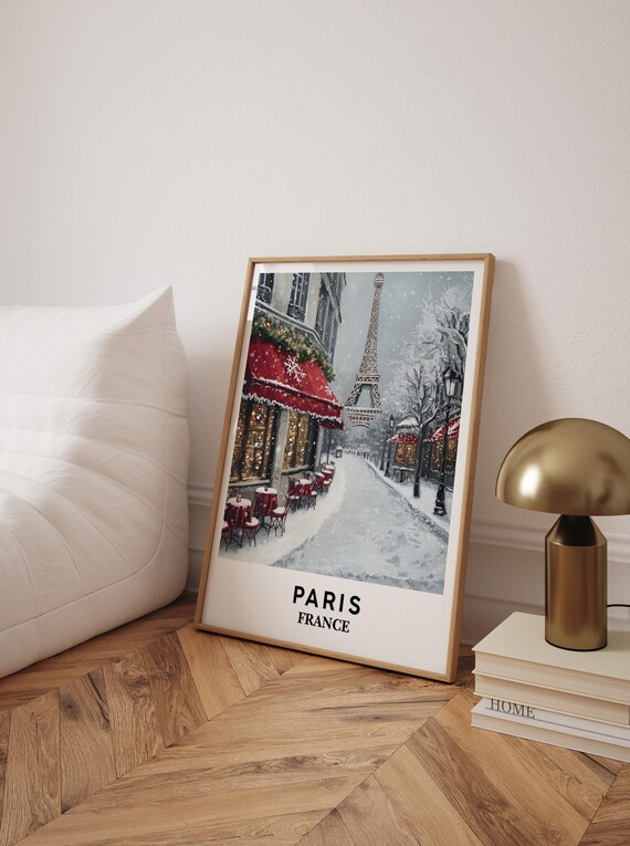 Paris France Eiffel Tower Snowy Street Scene Winter Art Poster