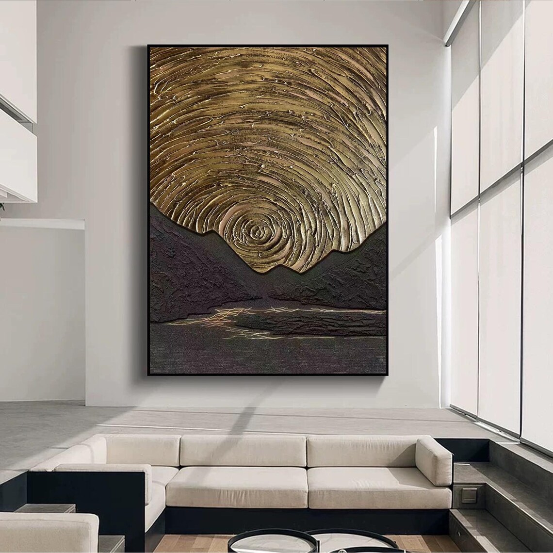 Black And Gold Abstract Textured, Minimalist Painting - Image 3