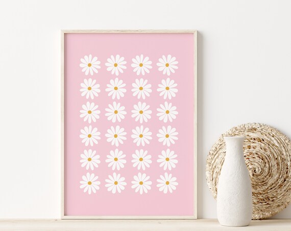 Daisy Grid Pattern Pink White Floral Retro Girl Room Decor Poster