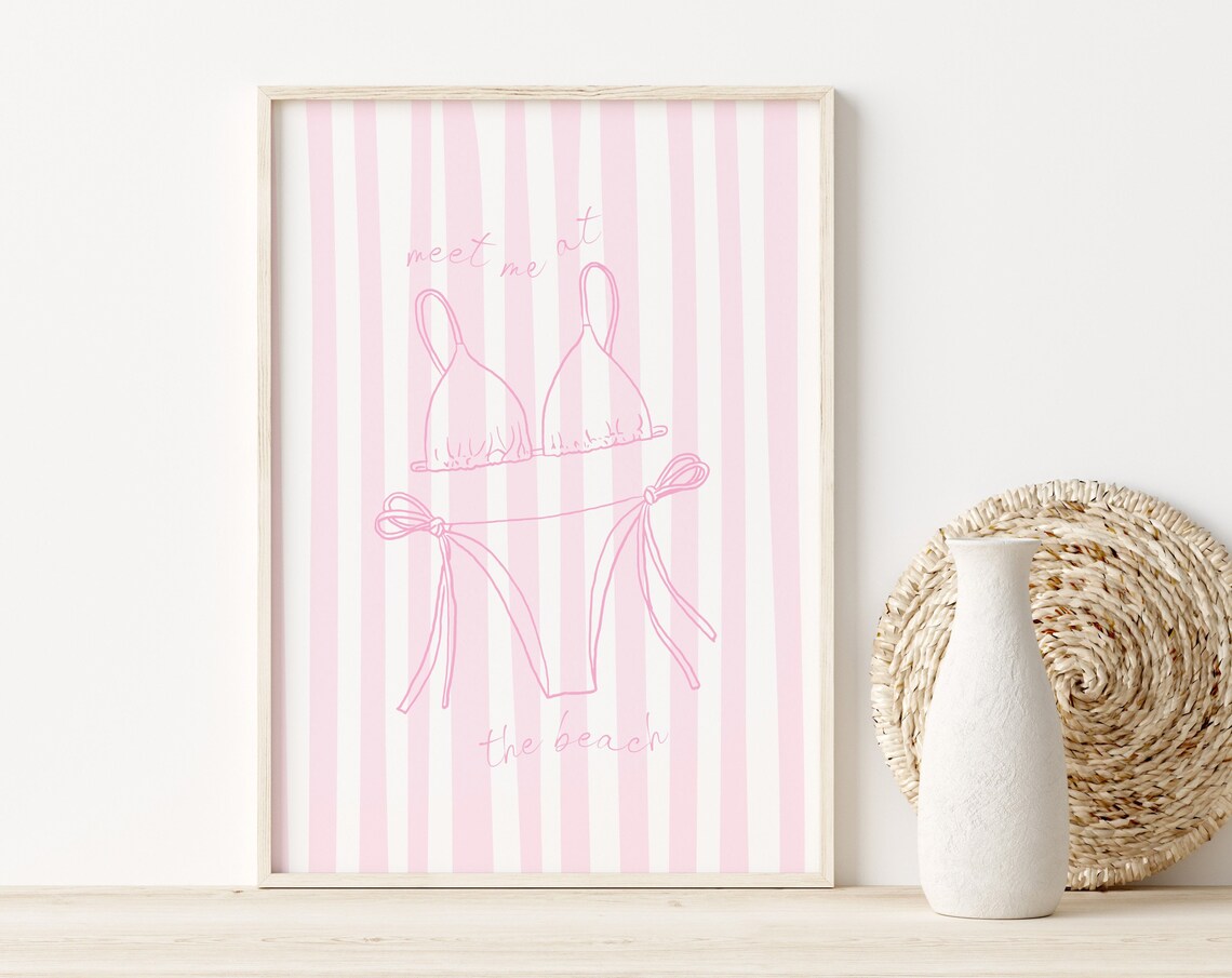 Meet Me At The Beach Pink Bikini Striped Coastal Summer Wall Poster