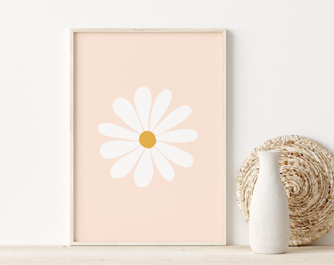 White Daisy Peach Retro Floral Minimalist Single Flower Art Poster