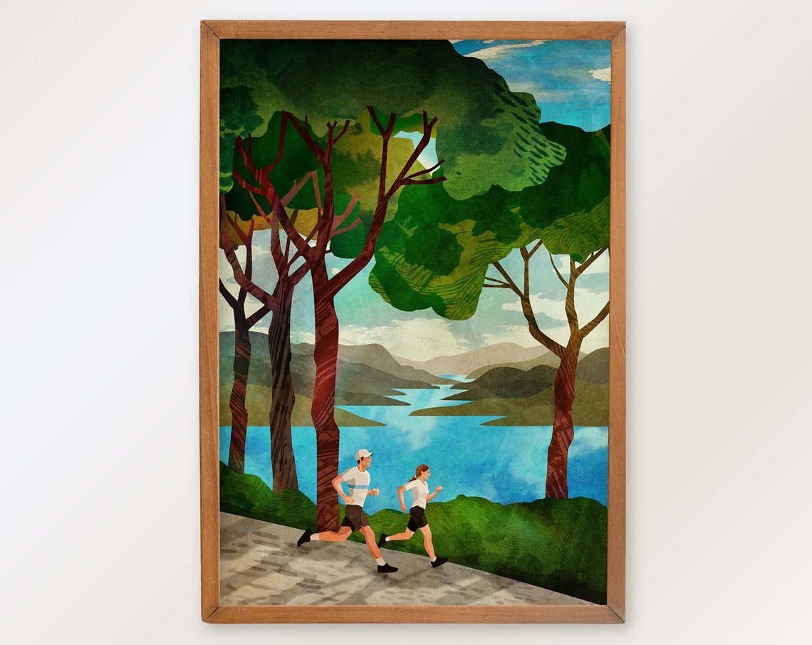 Runners Art Print, Trail Running By The Lake