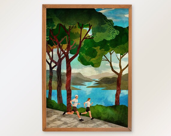 Runners Art Print, Trail Running By The Lake