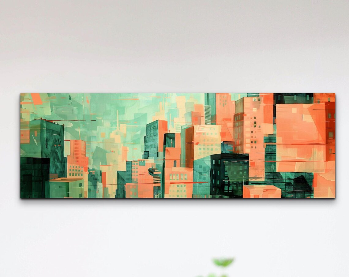 Abstract Coral and Teal City Skyline Geometric Modern Art Poster