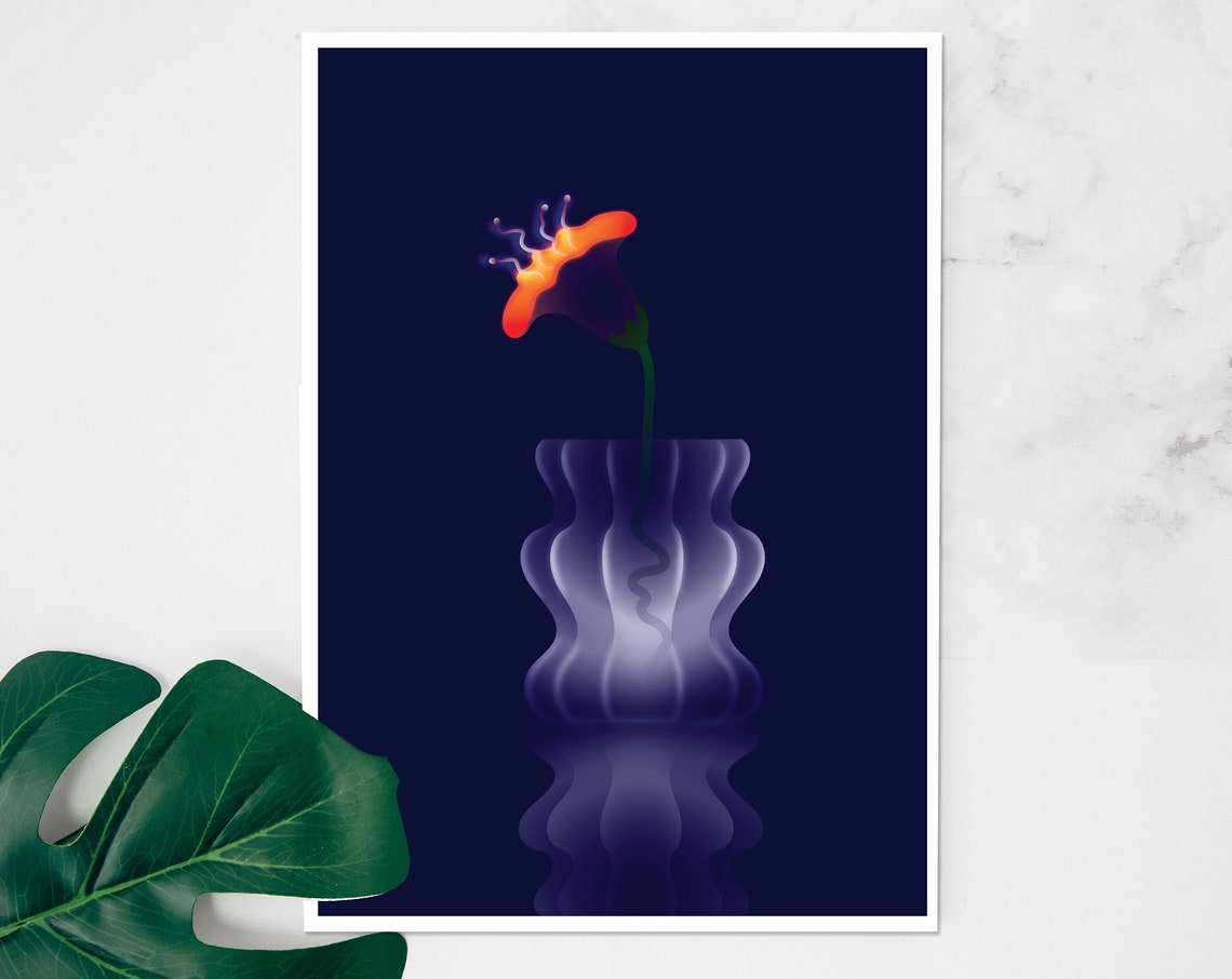 Glowing Orange Flower In A Glass Vase Minimalist Navy Blue Wall Art