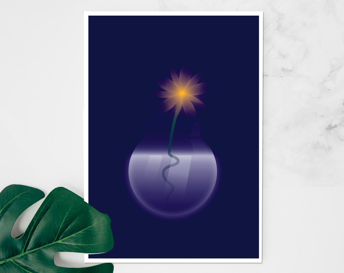 Glowing Daisy Flower Over Glass Bowl Minimalist Navy Blue Wall Art