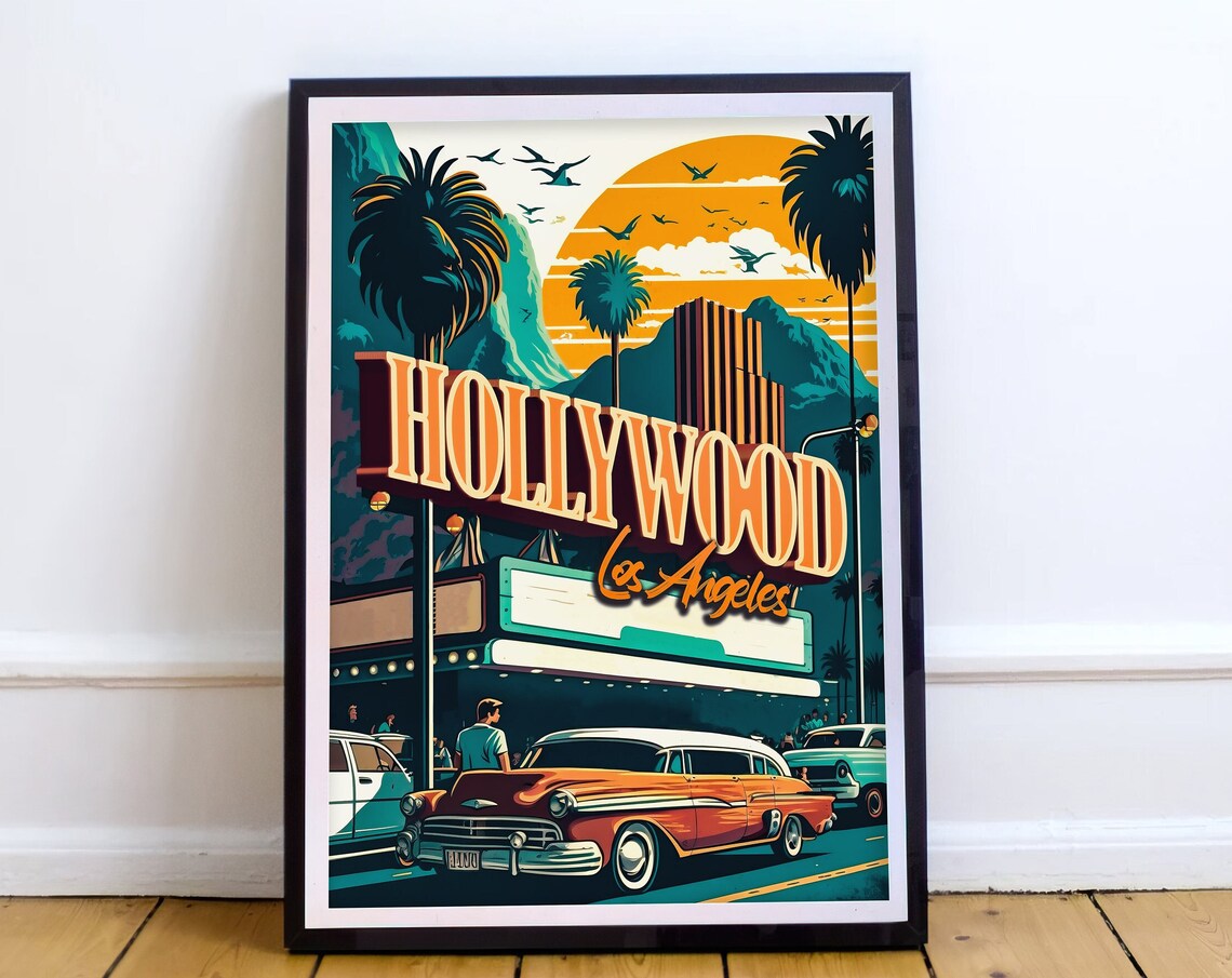 Hollywood Los Angeles Retro Theater Marquee Golden Age Travel Poster