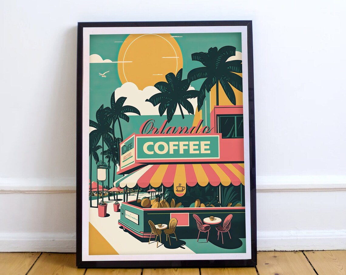 Orlando Florida Retro Coffee Shop With Palm Trees Travel Poster