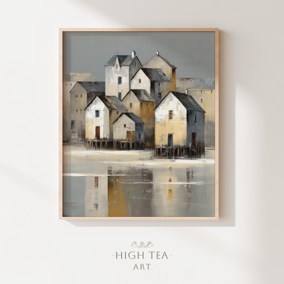 Coastal Fishing Village Houses On Water Muted Oil Painting Poster