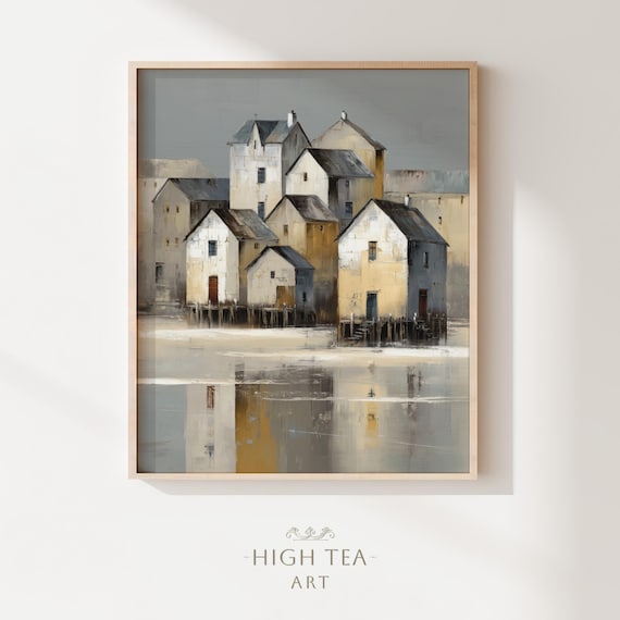 Coastal Fishing Village Houses On Water Muted Oil Painting Poster