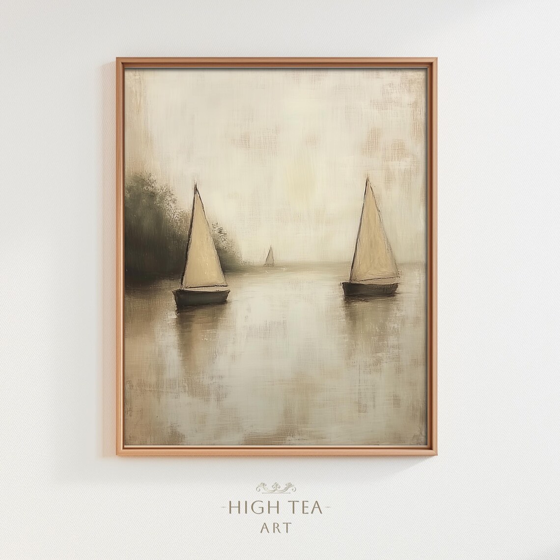 Minimalist Sailboats Oil Painting Calm Neutral Lake Wall Art