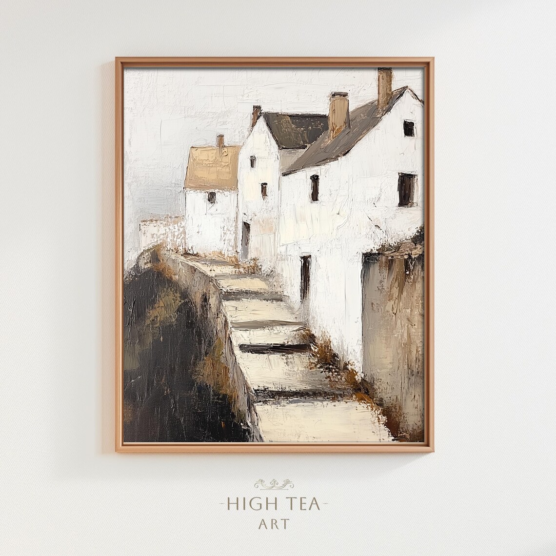Vintage White Village Houses Neutral Moody Oil Painting Wall Art