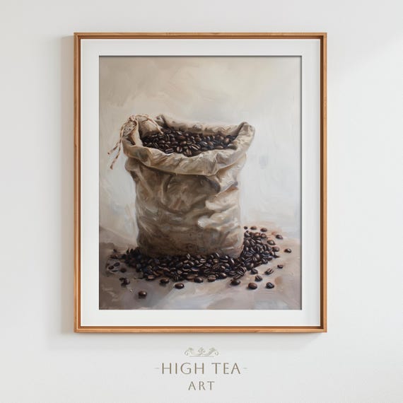 Neutral Roasted Coffee Beans Art Print, Vintage Rustic Cafe Decor