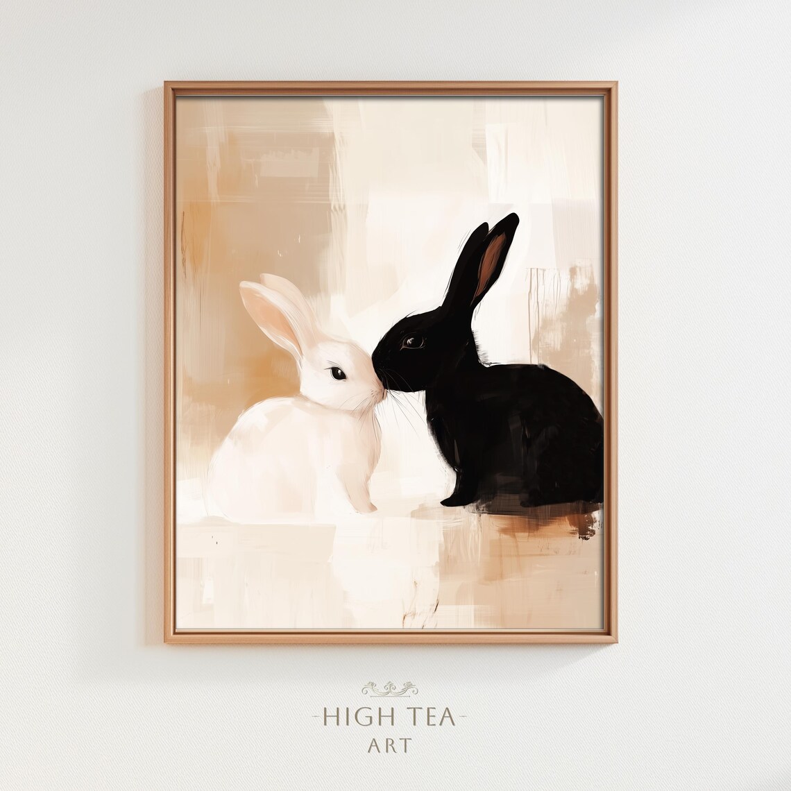 Black and White Rabbits Nuzzling Abstract Oil Painting Bunny Love Print