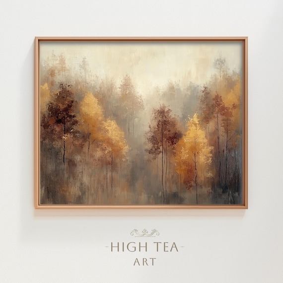 Abstract Autumn Forest Landscape, Neutral Fall Trees Art Print