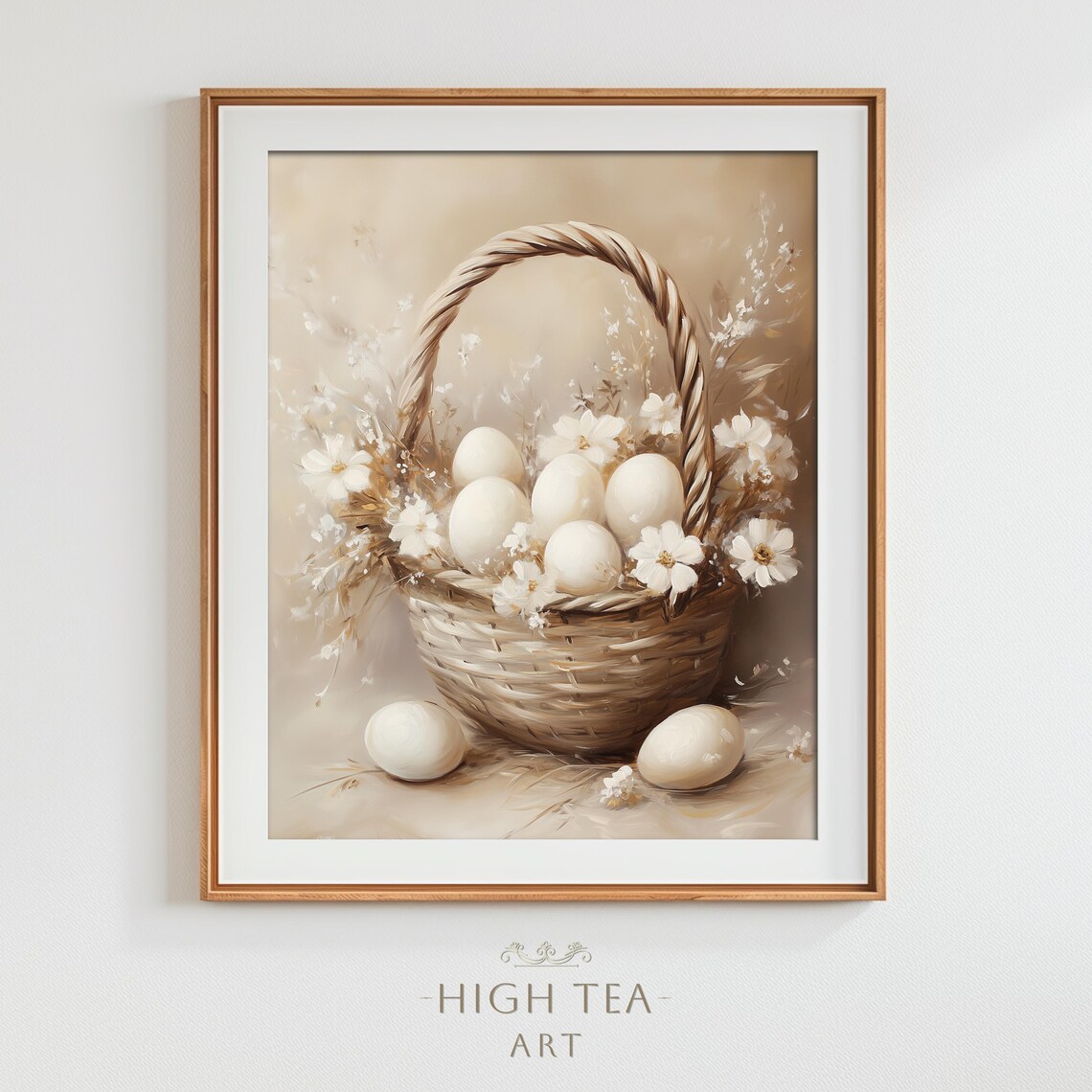 Basket White Eggs Daisies Oil Painting Art Print Neutral Muted Easter Floral Wall Decor Hta295